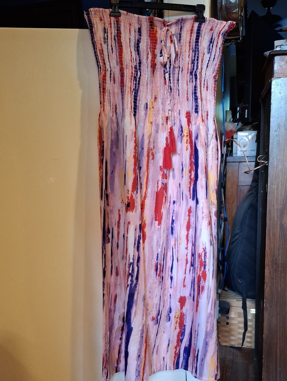 NWT 2X Smocked Strapless Maxi Dress in Pink Abstract Print All Polyester